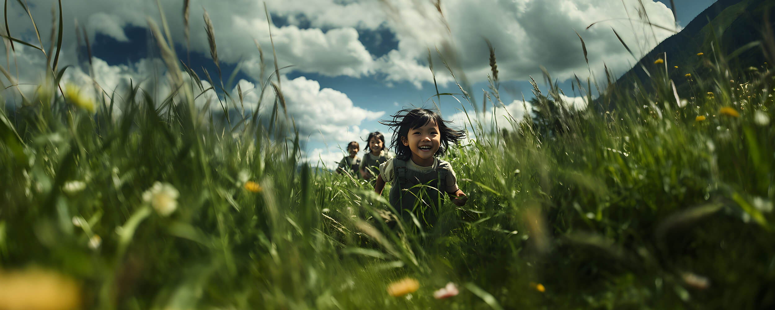 3 Girls running in the fields and are happy